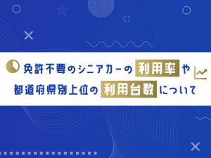 Banner with a white strip containing Japanese title about the usage rate of license-free senior cars and top prefectures by number of units, set on a blue abstract background.