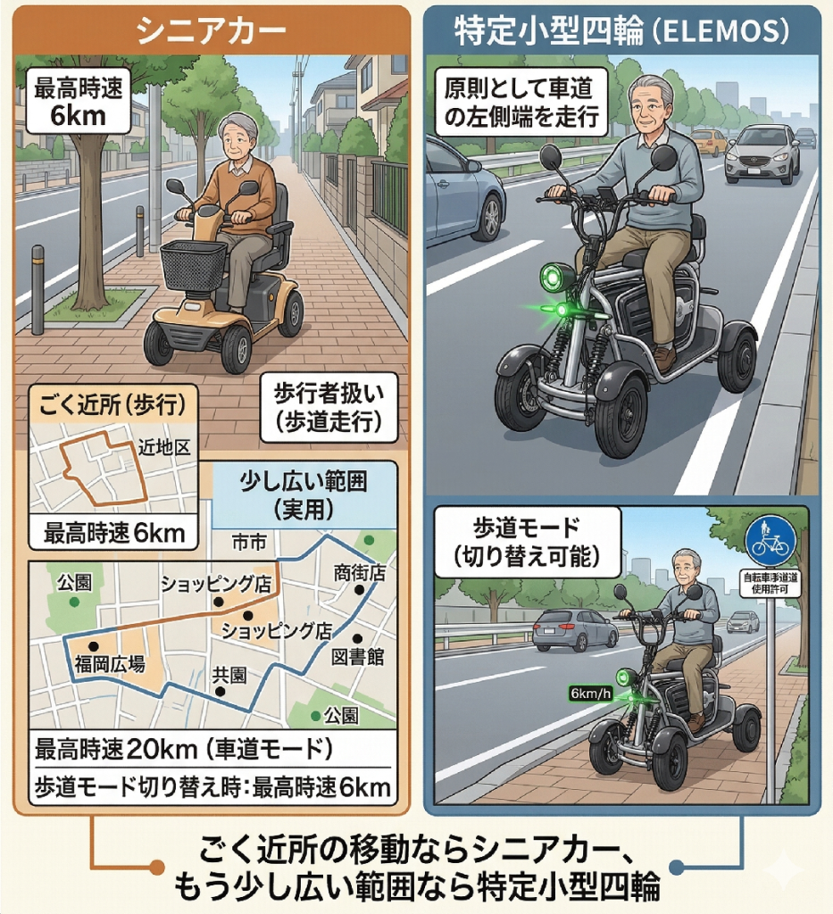 シニアカーと特定小型四輪の走行場所の違い | ELEMOs