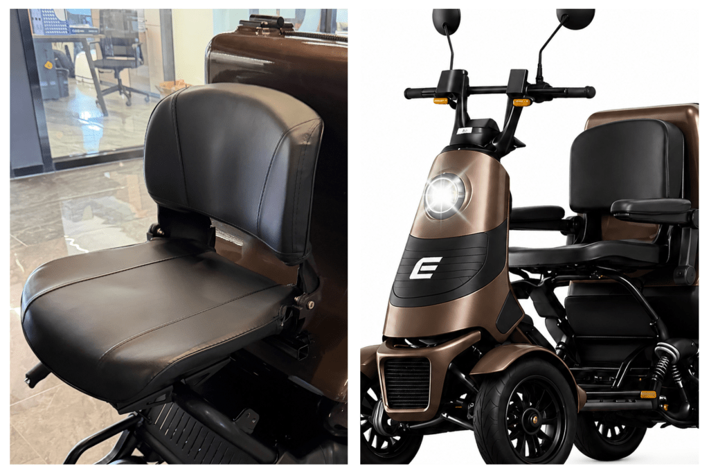 Close-up of a black padded motorcycle seat and backrest in a showroom, with a bronze body nearby on the left panel.