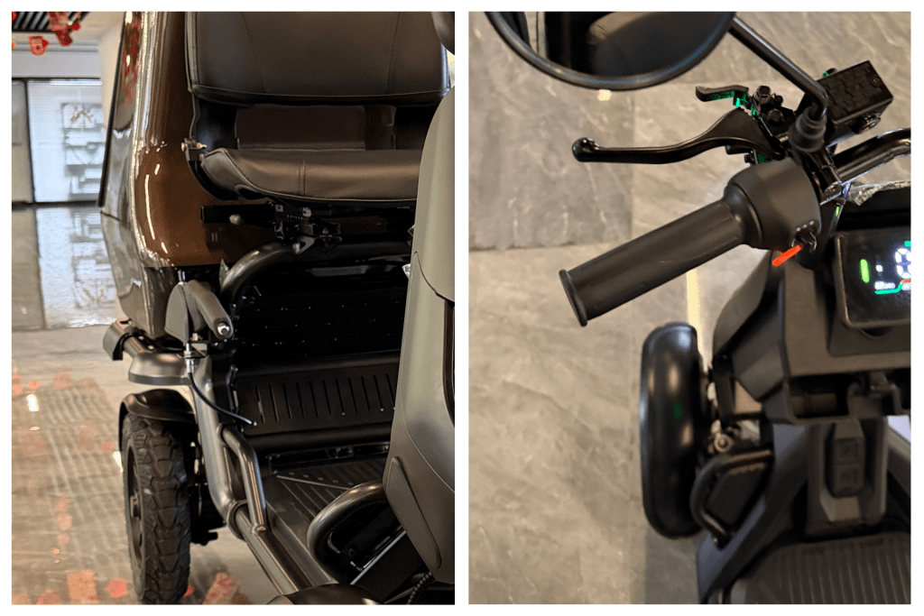 Two-panel image of a black motorcycle: left shows rear seat and cargo area, right shows handlebars with brake lever and digital display accuracy.
