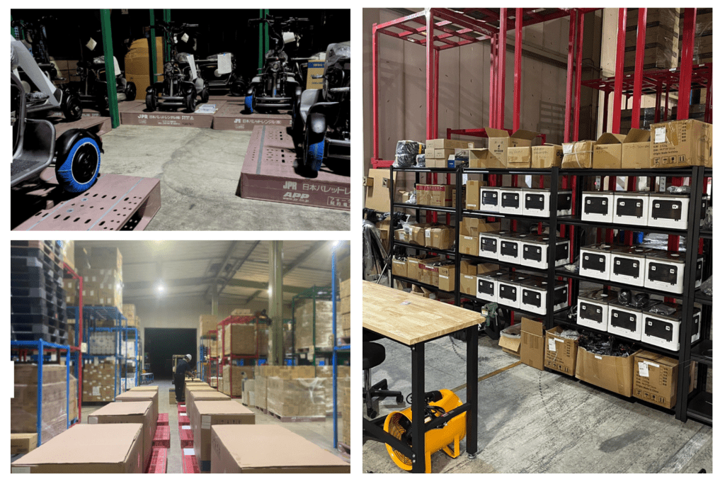 Collage of a storage warehouse with tall shelves, boxes, and equipment; scooters on platforms and a busy packing area visible on the left panels and right shows boxed gear on metal racks.