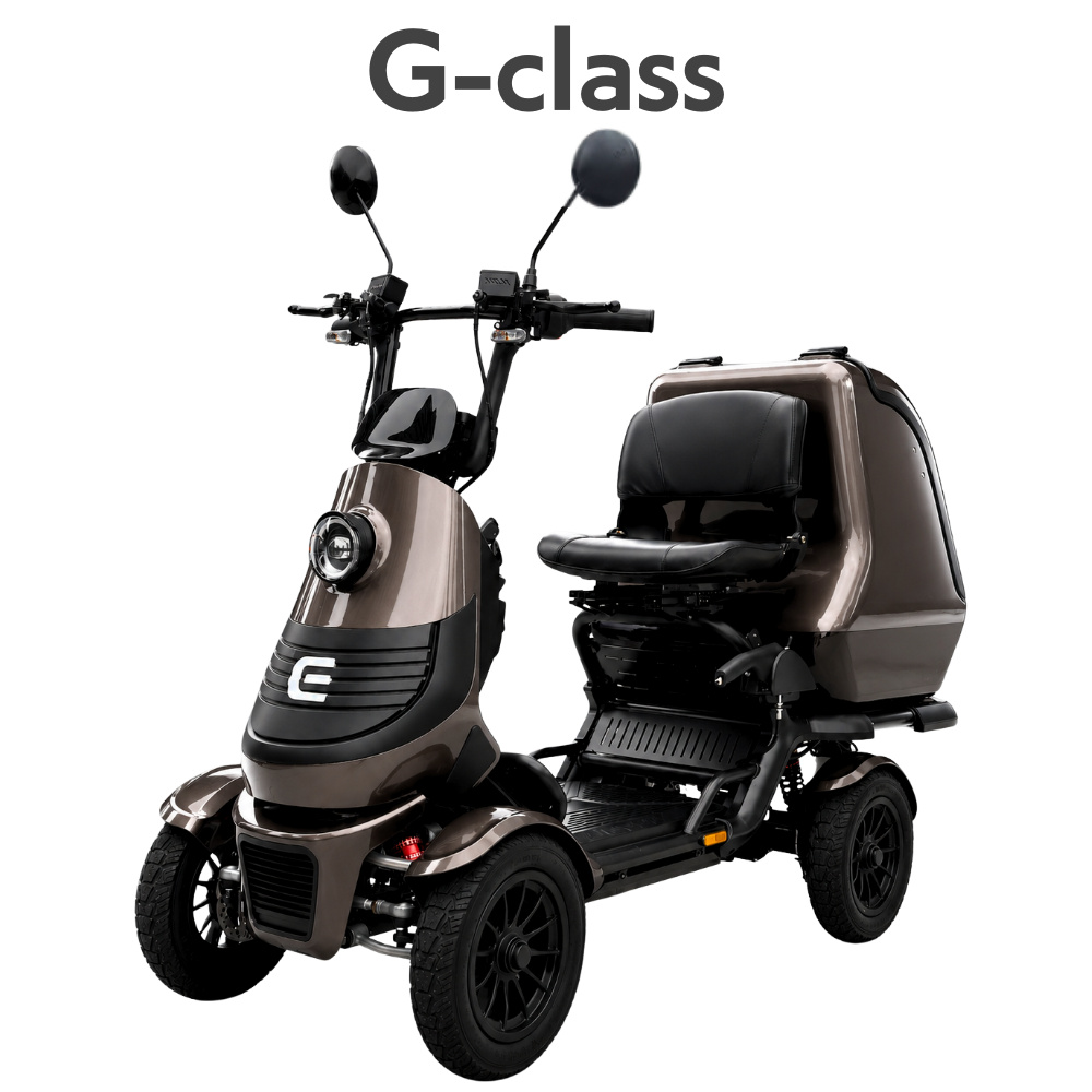 Brown four-wheeled G-class mobility scooter with a padded seat, backrest, and a rear storage enclosure.