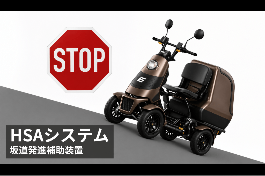 Red stop sign beside a brown, three-wheeled mobility scooter on a gray ramped surface.