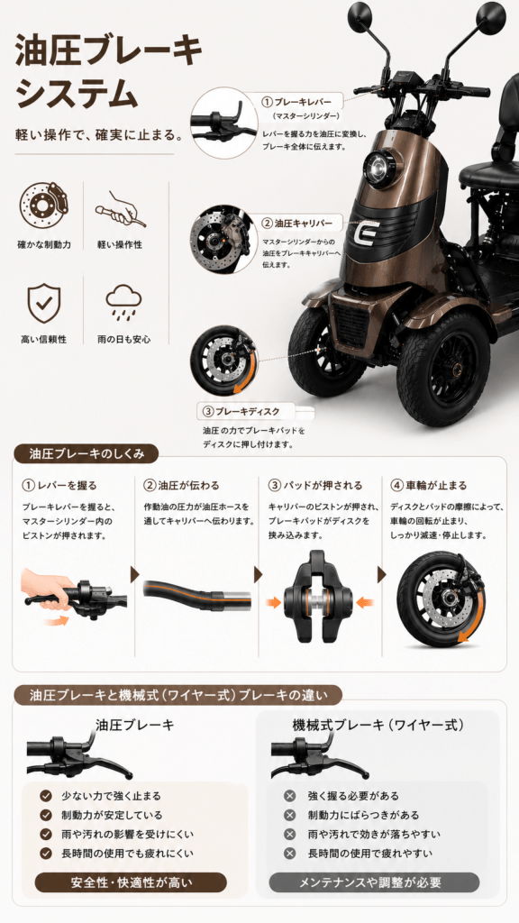 Infographic explaining a scooter's hydraulic brake system with the lever, hydraulic line, and brake disc highlighted on a brown scooter. (informational)