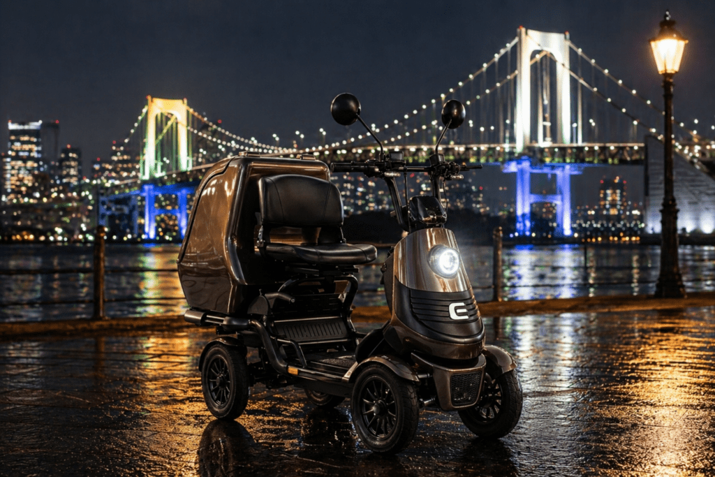Electric scooter parked on a wet promenade at night with a brightly lit suspension bridge in the background.