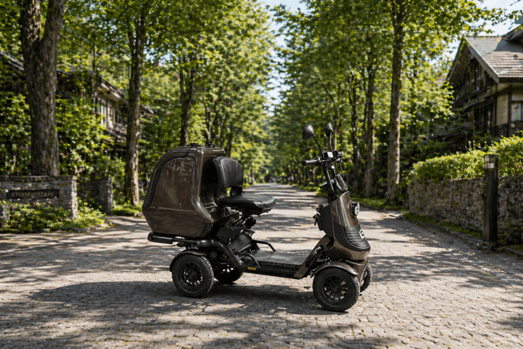 Brown three-wheeled scooter with a sidecar parked on a tree-lined residential street.