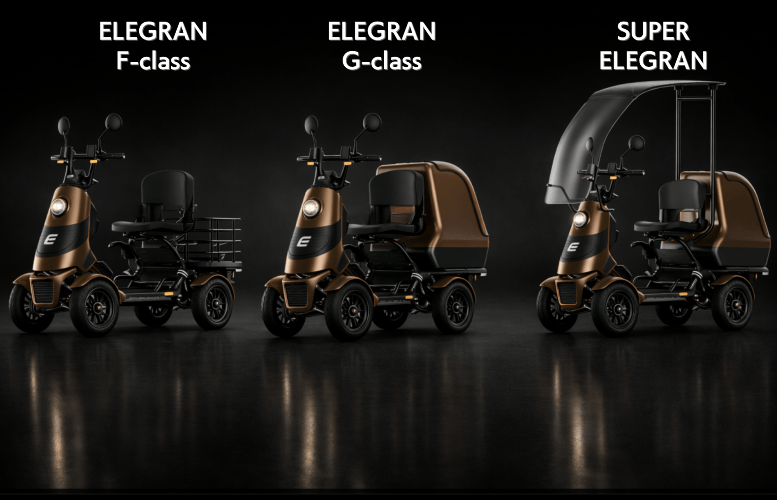 Three brown electric trikes displayed side by side labeled F-class, G-class, and Super Elegran against a dark backdrop.