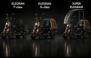 Three brown electric trikes displayed side by side labeled F-class, G-class, and Super Elegran against a dark backdrop.
