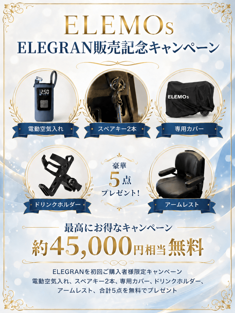 ELEMOs ELEGRAN販売記念キャンペーンの5景品を円形フレームで紹介。電動空気入れ、スペアキー2本、専用カバー、ドリンクホルダー、アームレスト。