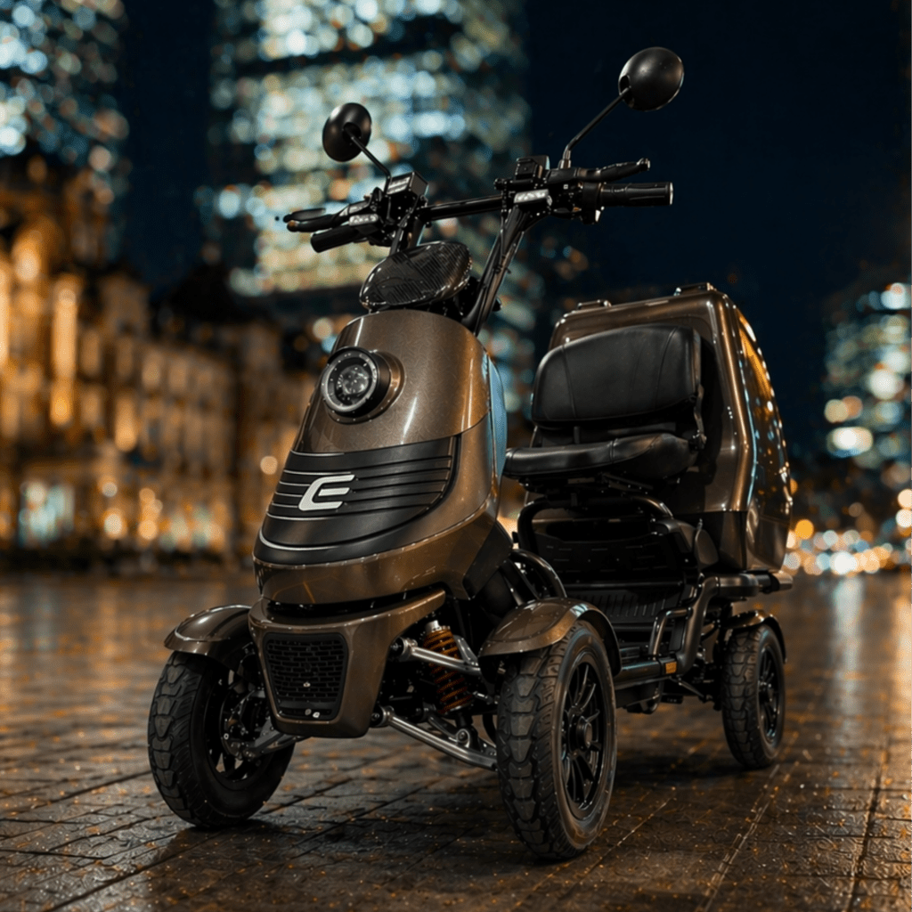 Close-up of a brown motorcycle front with handlebars and headlight, city lights blur in the night beyond.