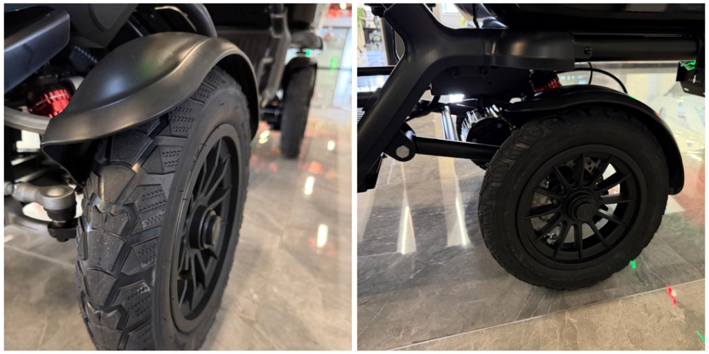 Close-up of a rugged motorcycle tire with a black fender and wheel on the left side, showing tread details and suspension nearby (rear view). Note: dual-wheeled setup appears in two panels of the image.