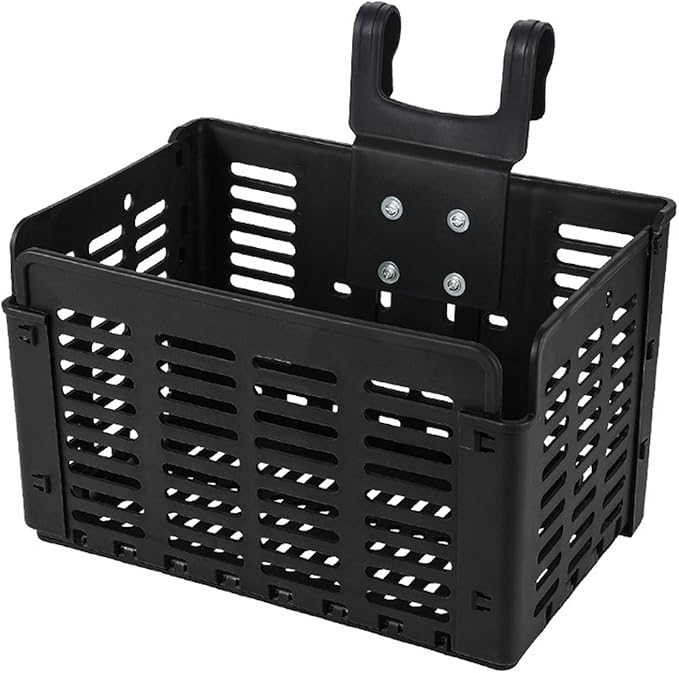 Black plastic cargo basket with a mounting bracket and handle for attaching to a bike or scooter fielded for rear storage.