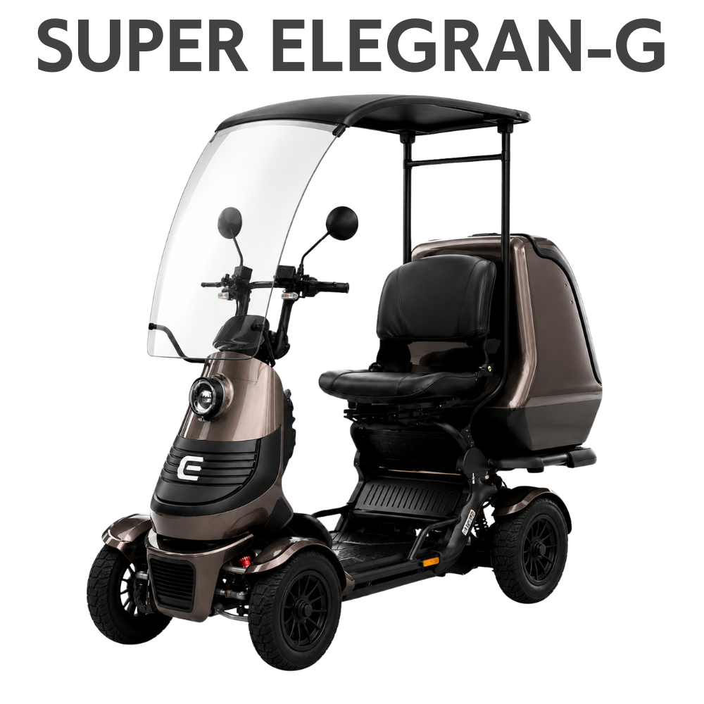 Four-wheeled mobility scooter with a clear curved windshield, black canopy, and brown body, shown from the front-right.