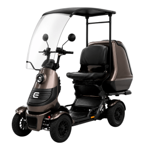 Bronze four-wheeled mobility scooter with a tall canopy, clear windshield, and padded seat for outdoor use