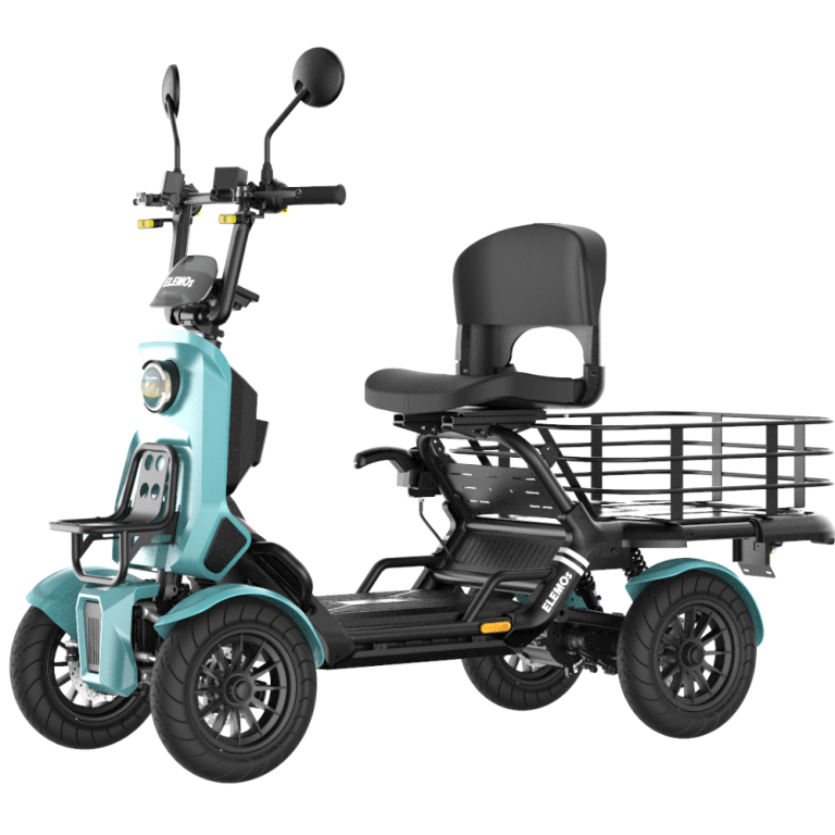 Electric cargo scooter with teal body, two front wheels, a padded backrest seat, and a large rear rack for hauling items.