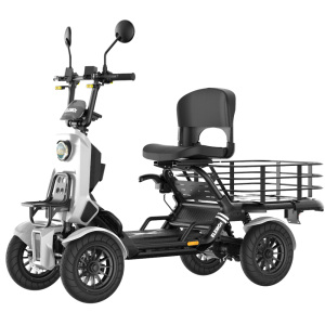 Three-wheeled electric cargo scooter with front steering, a single seat with backrest, and a large rear rack for carrying items.