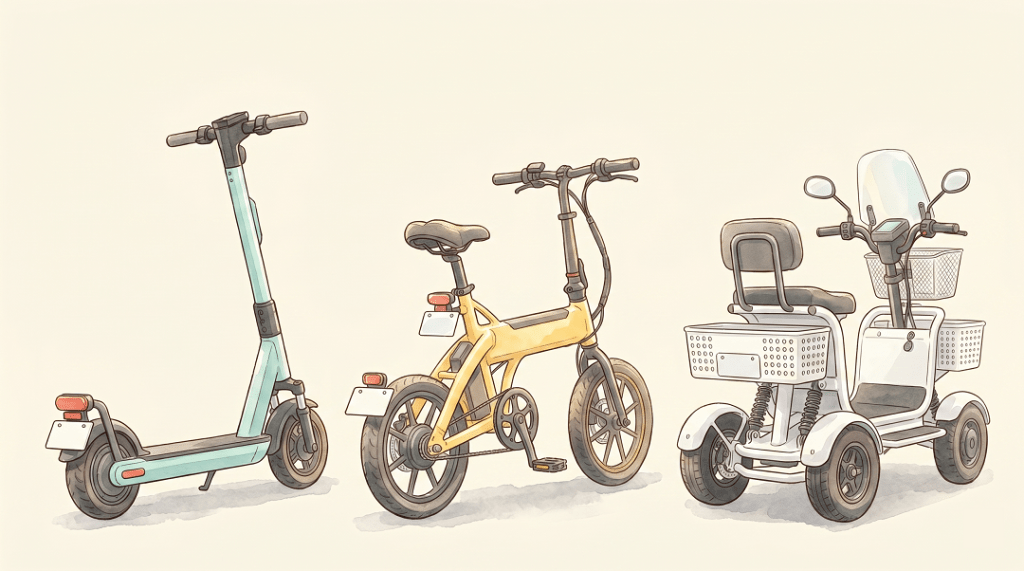 Three mobility devices: teal electric scooter, yellow folding bike, and white four‑wheeled mobility scooter with basket.