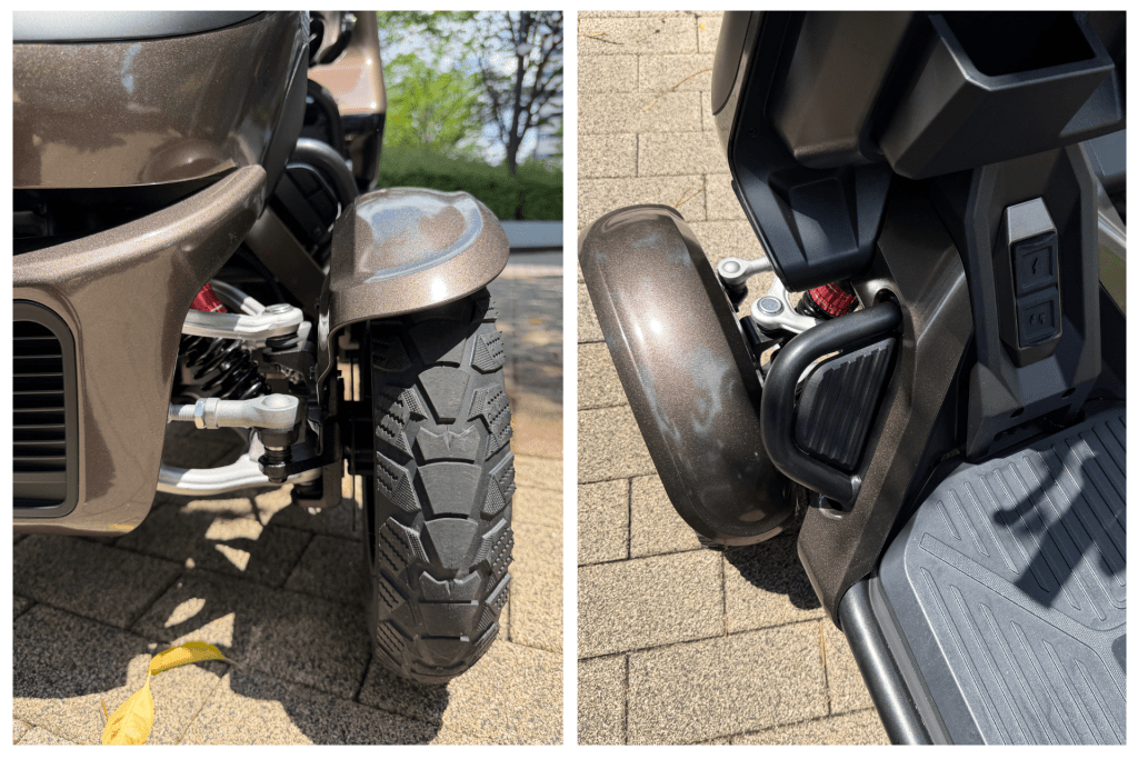 Two-panel image: left shows a brown motorcycle front wheel and fender with exposed suspension, on a sunny day; right shows a brown scooter’s footboard area with a control panel and step, resting on a brick surface.