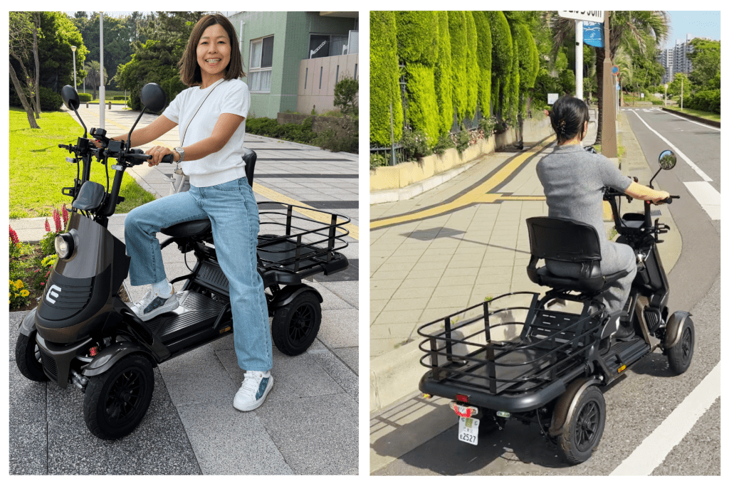 Left panel: smiling woman sits on a black three-wheeled electric scooter with a rear cargo rack on a sunny campus sidewalk. Right panel: woman rides the same scooter along a tree-lined street.