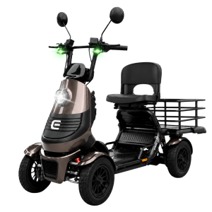 Four-wheeled electric scooter with a brown metallic body, front headlight, and rear cargo rack.