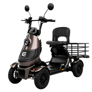Three-wheeled mobility scooter with a padded seat, handlebars, front headlight, and rear cargo rack on a brown/black body.