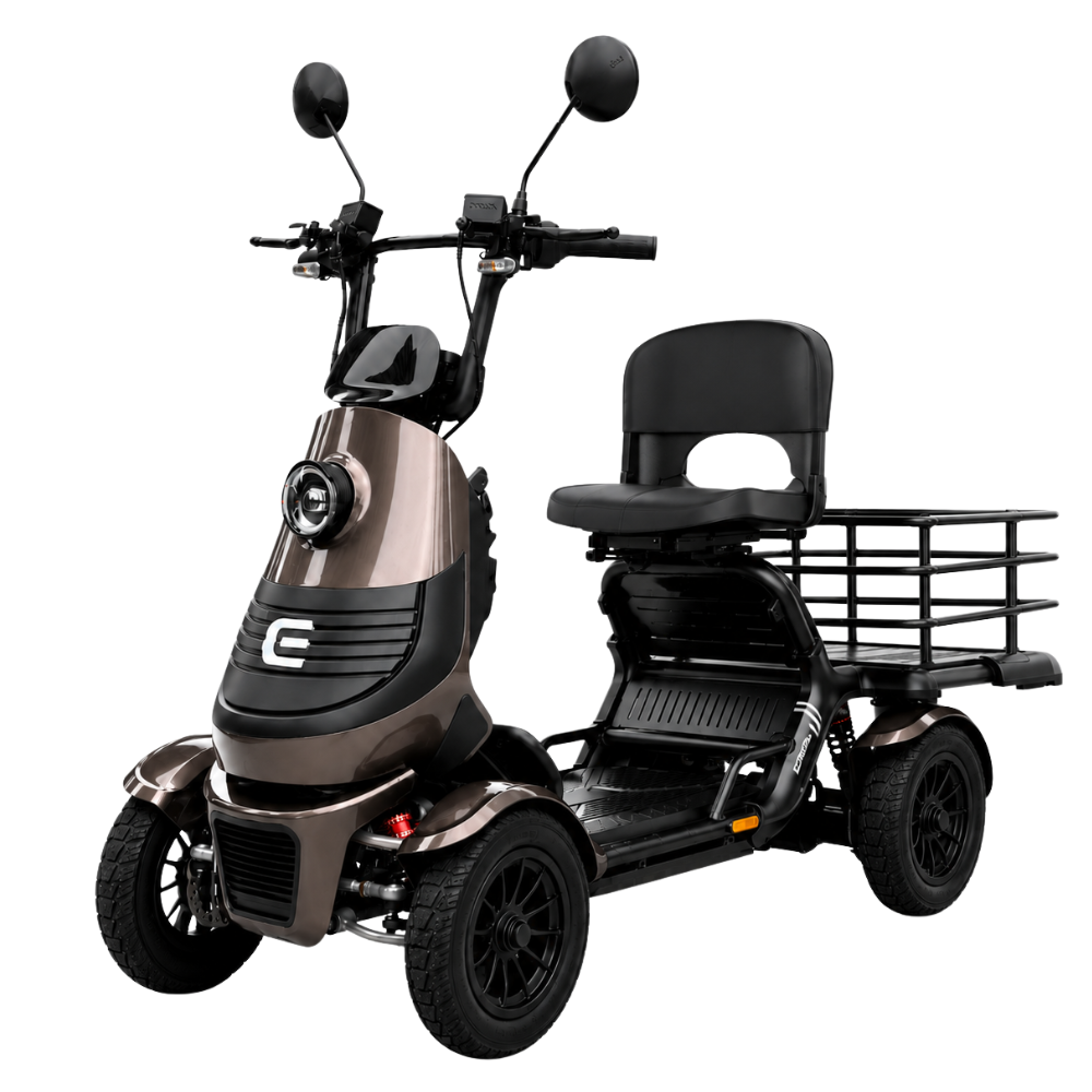 Three-wheeled mobility scooter with a padded seat, handlebars, front headlight, and rear cargo rack on a brown/black body.