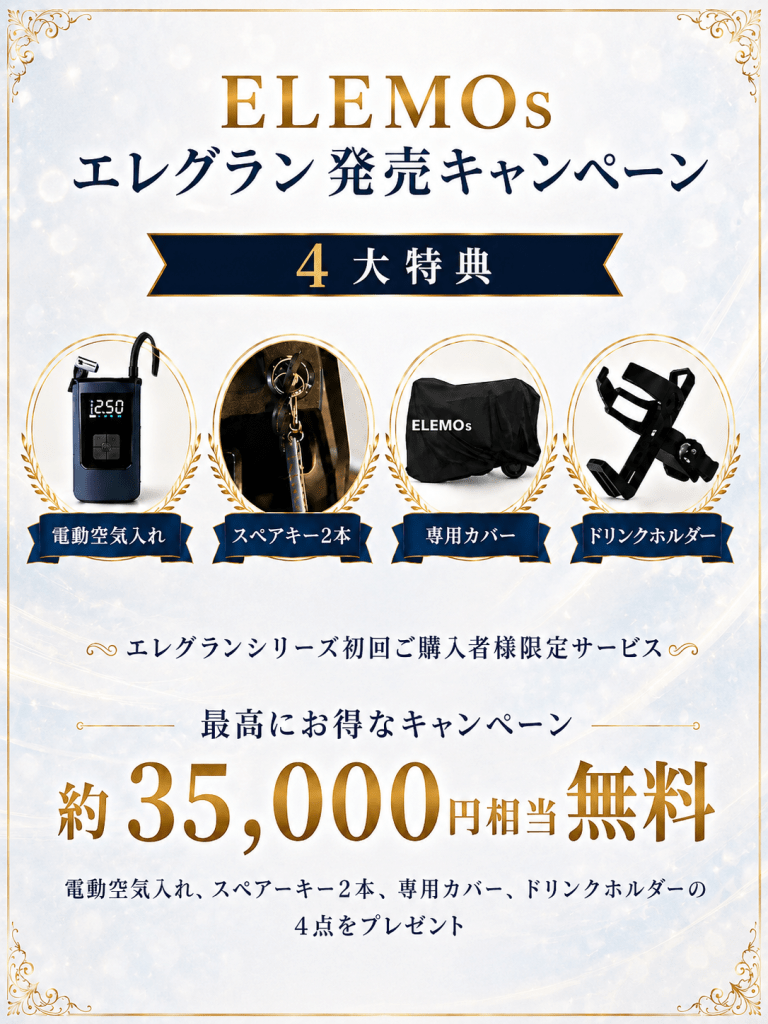 ELEMOsキャンペーンの4大特典を紹介するポスター。電動空気入れ、スペアキー2本、専用カバー、ドリンクホルダーのアイテムが円形枠で並ぶ。