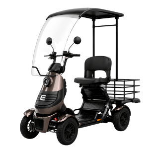 Bronze-colored four-wheeled mobility scooter with a large clear windshield and a rear cargo rack behind the seat.