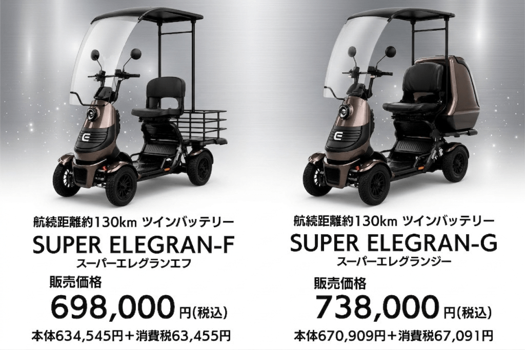 Two electric mobility scooters with canopies shown side by side: left is SUPER ELEGRAN-F, right is SUPER ELEGRAN-G, with prices 698,000 and 738,000 yen respectively (Japanese text).