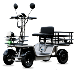 Powered mobility scooter with a front basket rack, handlebars, and a padded seat for easy tipping-free transport.