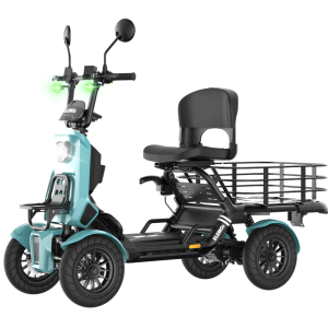 Three-wheeled electric cargo scooter in teal with a front headlight, handlebars, and a rear metal cargo rack behind a passenger seat.
