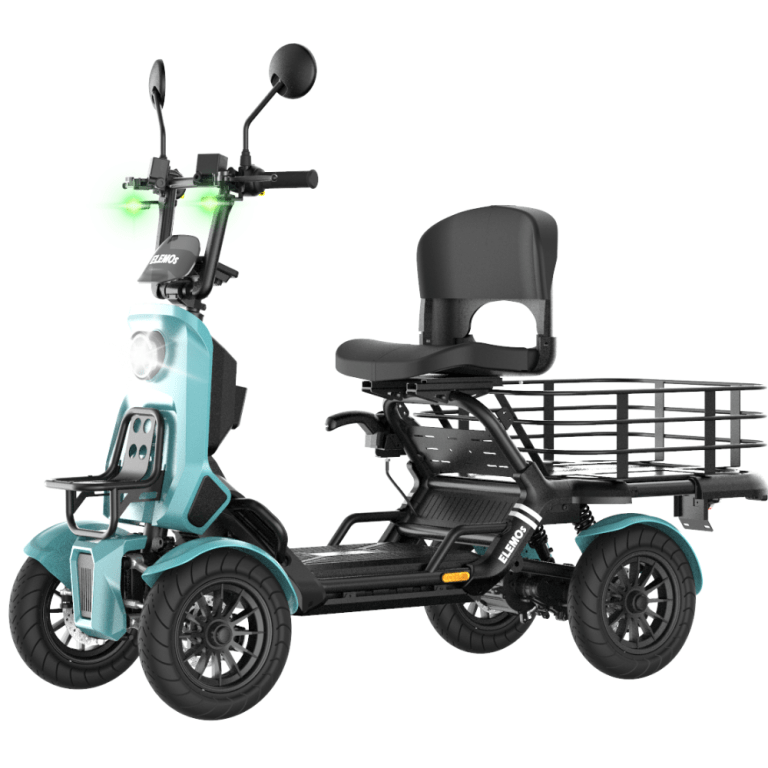 Three-wheeled electric cargo scooter in teal with a front headlight, handlebars, and a rear metal cargo rack behind a passenger seat.