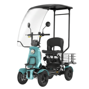Turquoise four-wheel mobility scooter with a tall clear canopy, black seat, and front headlight.