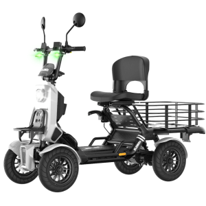 Three-wheeled electric scooter with a front headlight, handlebars with rearview mirrors, and a large rear cargo rack for carrying goods.