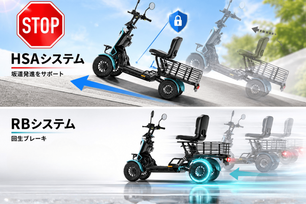 Stop sign and teal scooter with HSAシステム text and shield icon on a sunny road, suggesting incline start assist safety features (Japanese promo banner).