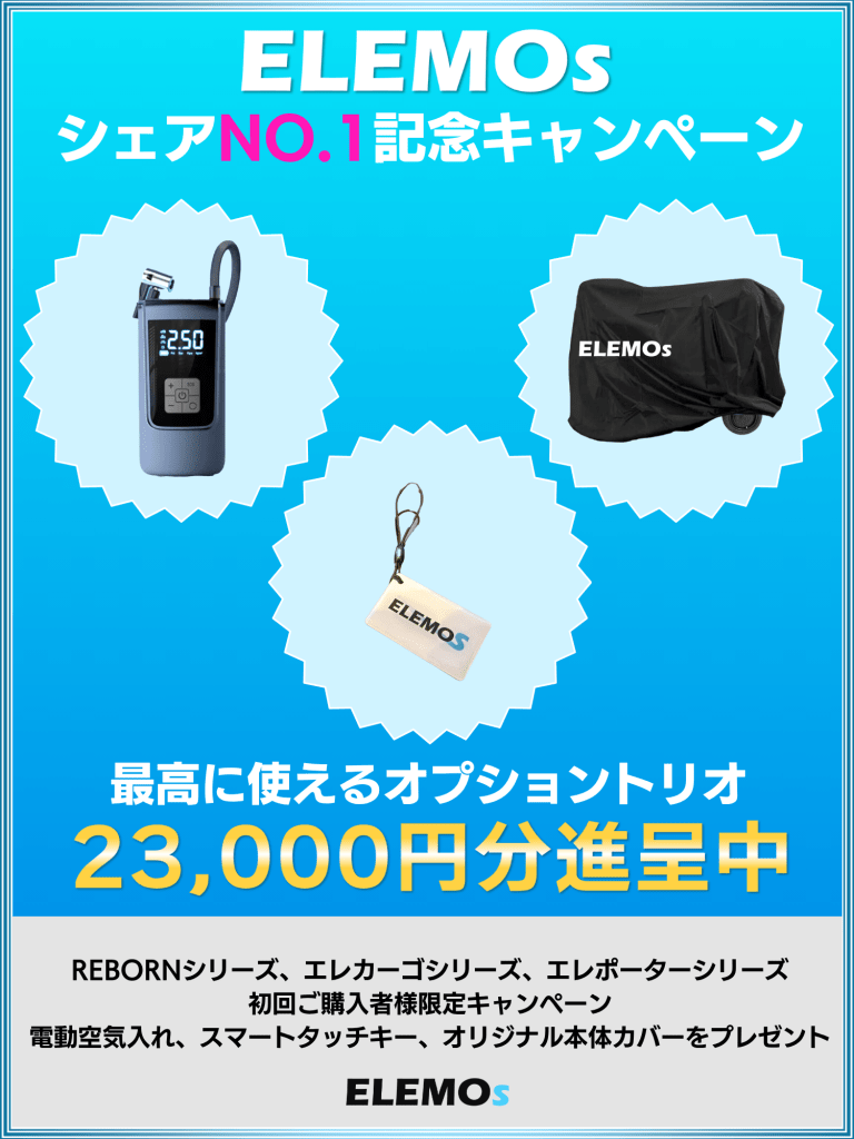 ELEMOS campaign banner on a blue gradient with product images (medical device, carrying bag, badge, lanyard) and bold Japanese text; ¥23,000 offer.