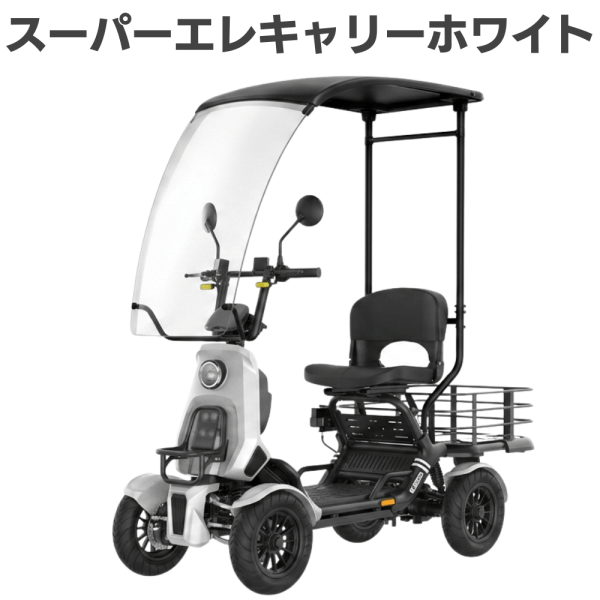 Three-wheeled mobility scooter with a clear windshield, tall canopy, cushioned seat, and rear cargo rack.