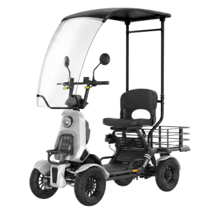 Three-wheeled mobility scooter with a large curved canopy, black seat, and rear basket for outdoor use.