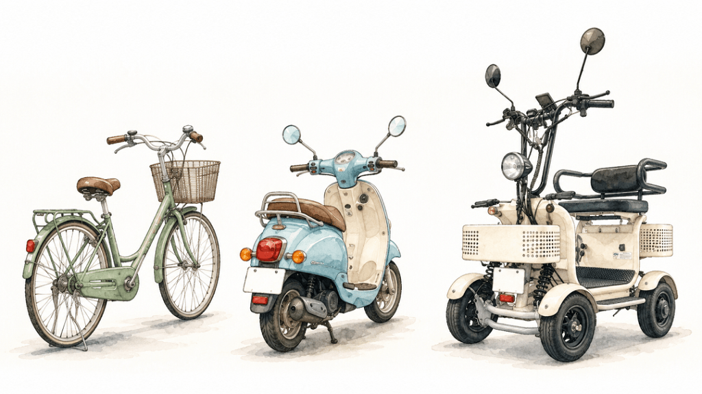 Three vehicles lined up: a green vintage bicycle with a wicker basket, a light blue scooter, and a white mobility scooter with mirrors and a seat.