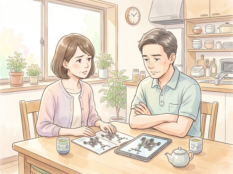 Couple sits at a sunny kitchen table and studies open manuals with mechanical diagrams, looking concerned as they discuss the plans; tablet shows the same schematic.