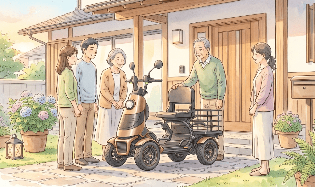A multi-generational family presents a new mobility scooter to an elderly man on the front porch, all smiling.