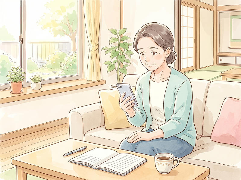 Woman sits on a sofa at home, looking at her smartphone with an open notebook and a mug on the table in front of her.