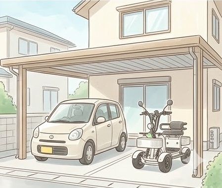 Illustration of a beige car and a mobility scooter parked under a carport in a suburban driveway with a two-story house nearby.