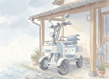 A light-blue four-wheeled mobility scooter parked under a wooden porch in the rain, with two potted plants beside it.