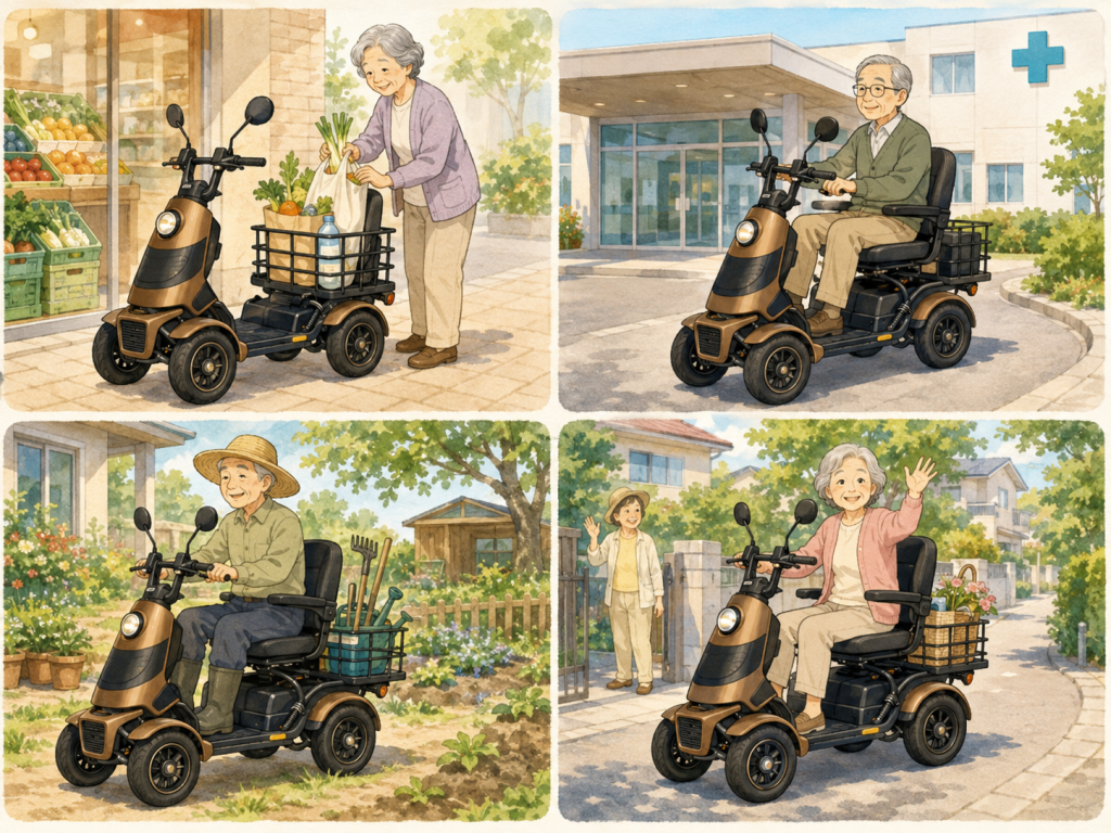 Senior woman at a grocery store with a mobility scooter carrying groceries in the basket route scene.