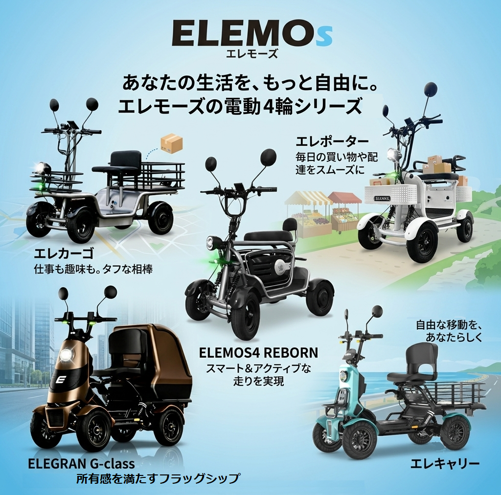 Promotional poster for ELEMOS electric mobility scooters, showing multiple 4-wheel models on a blue background with different configurations (cargo, urban, and leisure).
