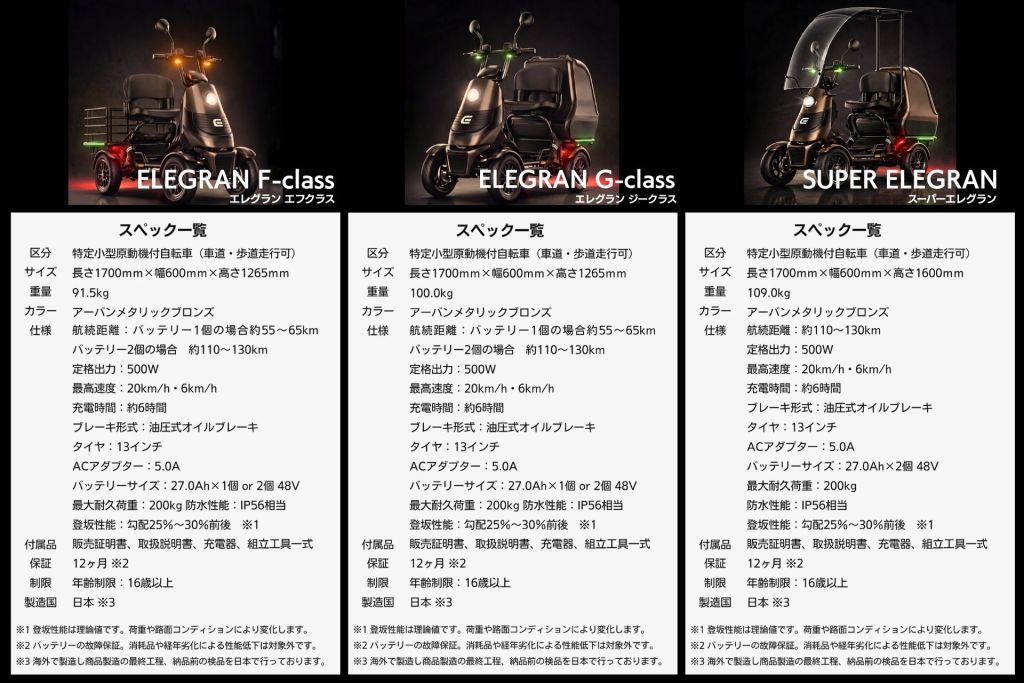 Triptych product ad: Elegran F-class, G-class, and Super Elegran three-wheeled electric vehicles with spec tables in Japanese.