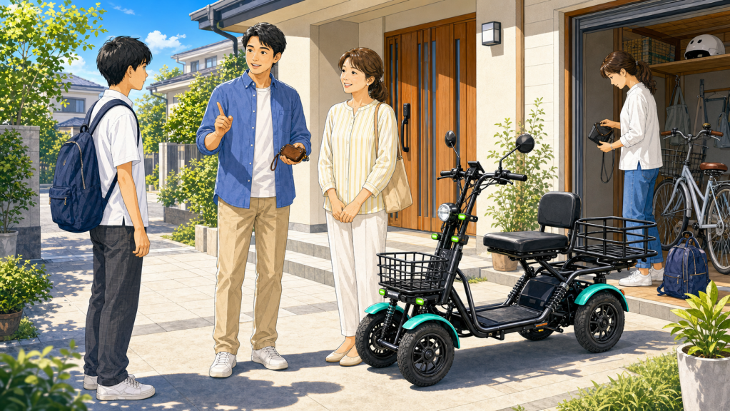 A teen with a backpack talks with his parents outside a modern house; a turquoise three-wheeled electric scooter sits nearby. In the garage, a woman adjusts items among bicycles and gear.