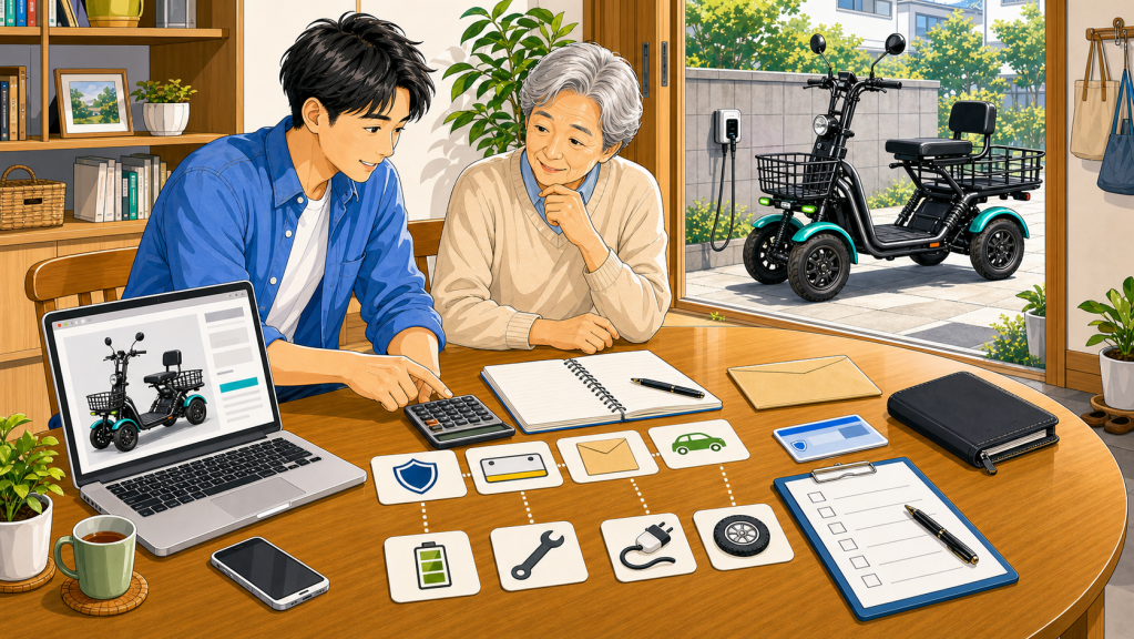 Young man and an older woman sit at a wooden table, reviewing a plan for an electric scooter with a notebook, calculator, and part-icon cards nearby (home office).