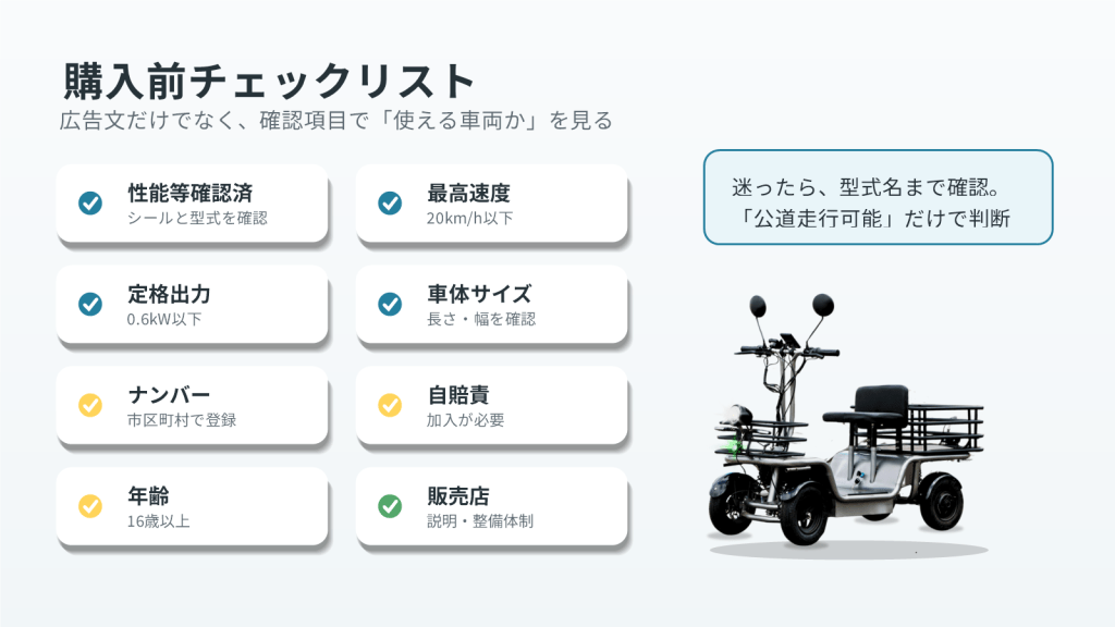 checklist-diagram | ELEMOs 購入前チェックリストのデザイン。左にチェック付きの項目カード、右に三輪スクーターのイラスト。
